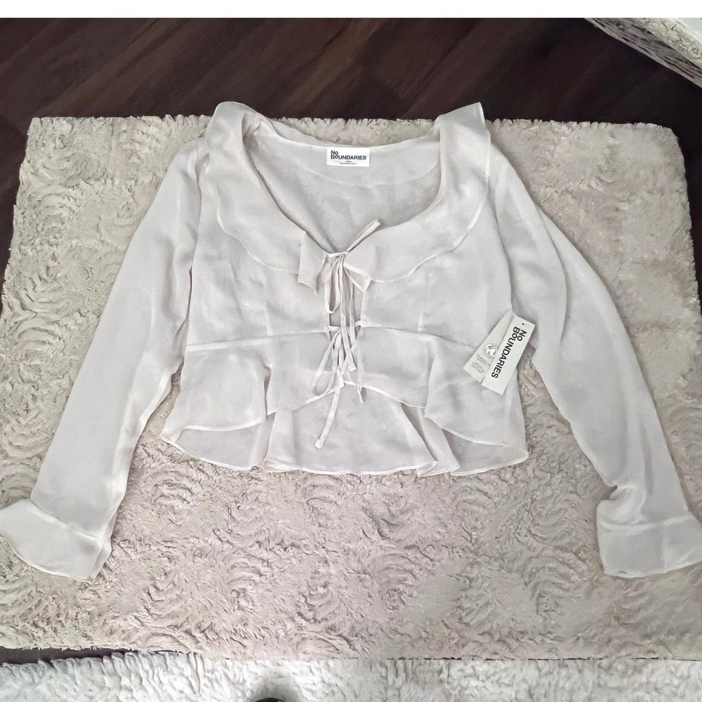 Sheer Fairycore Cream Ruffle Tie Front Peplum Blouse Long Sleeve Large 12-14 - Picture 11 of 12